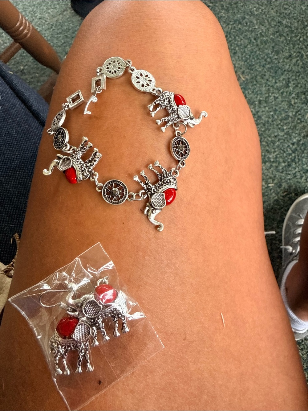 Silver Elephant Charm Bracelet with Red Accents